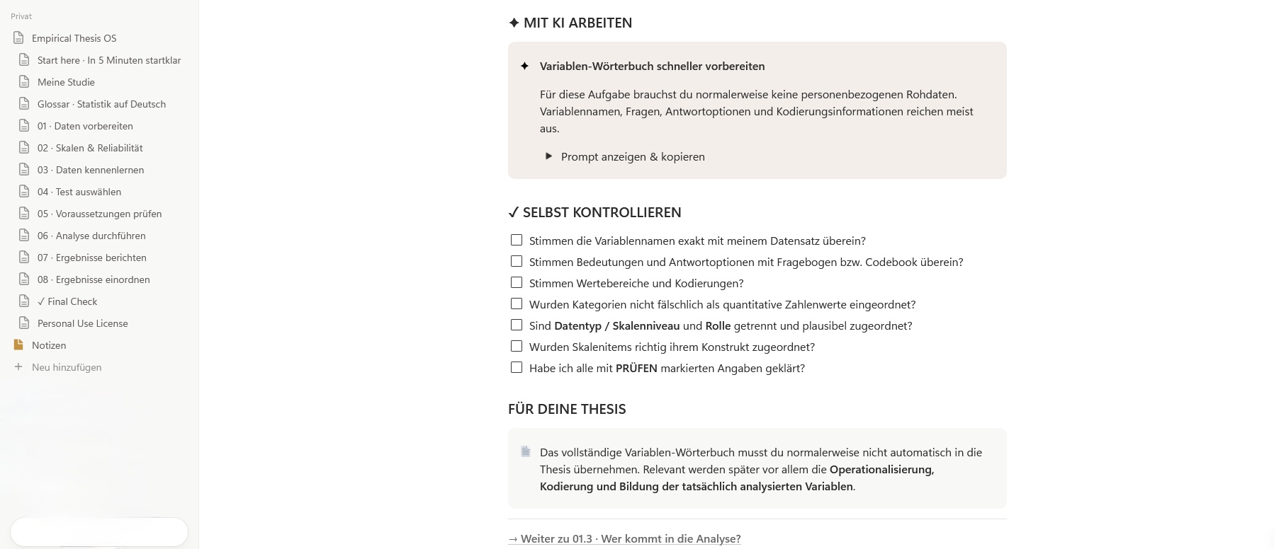 Empirical Thesis OS in Notion: KI-Unterstützung mit Prompt-Bereich, Selbstkontrolle und Hinweis für die Thesis