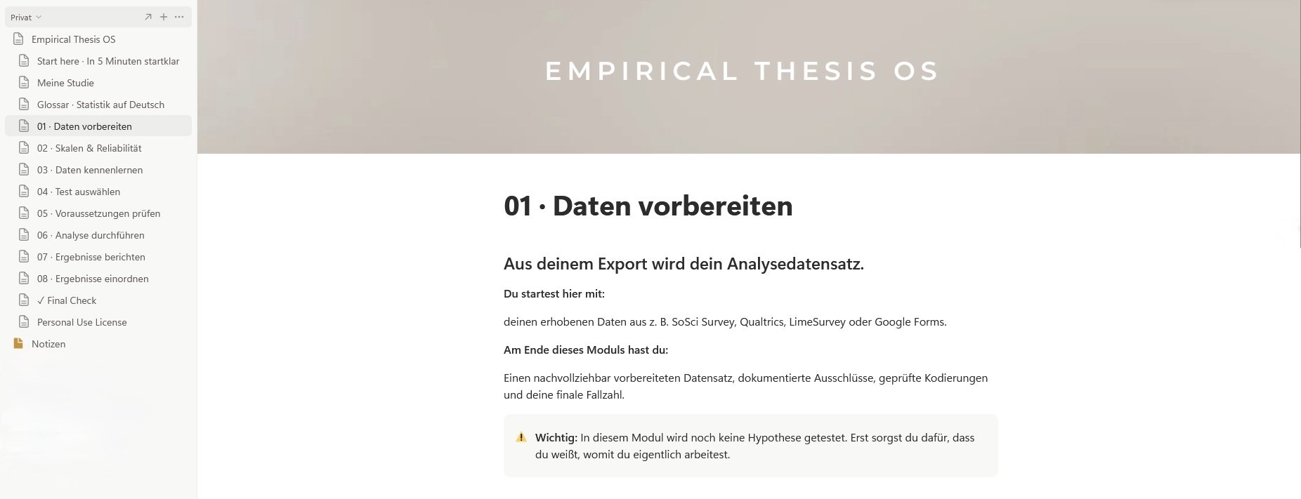 Empirical Thesis OS in Notion mit den Modulen Daten vorbereiten bis Ergebnisse einordnen und Final Check